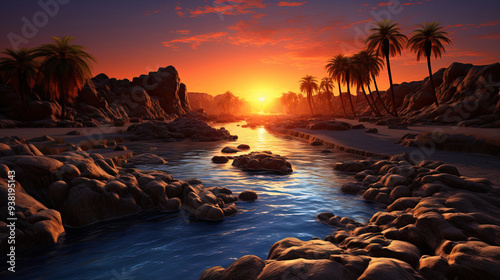 Stunning Sunset Over Tropical River and Palm Trees