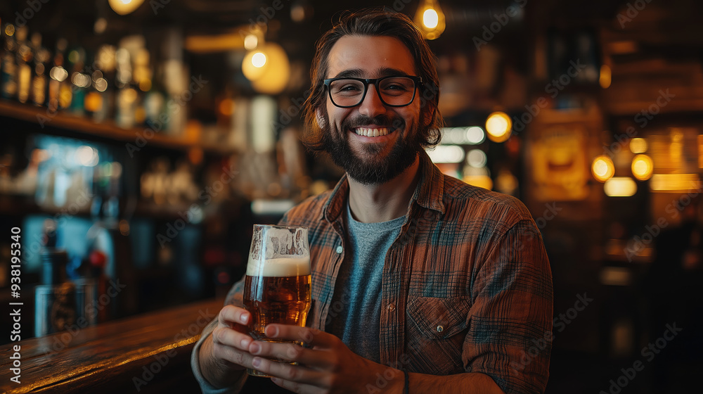 Happy Man Enjoying a Beer at a Cozy Pub with Warm Lighting Happy Man Enjoying a Beer at a Cozy Pub with Warm Lighting