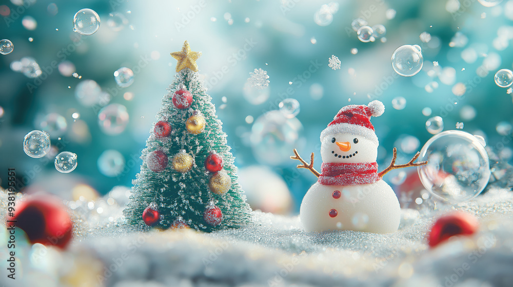 Fototapeta premium Festive Snowman and Decorated Christmas Tree in a Winter Wonderland Scene