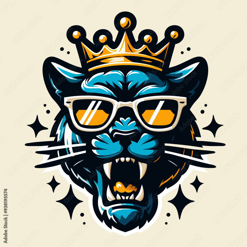 Naklejka premium Blue Panther King with Crown Vector Illustration - Fierce Animal Mascot Logo Design , Royal Panther with Crown Graphic - Aggressive Blue Cat Emblem for Sports and Esports