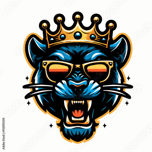 Blue Panther King with Crown Vector Illustration - Fierce Animal Mascot Logo Design , Royal Panther with Crown Graphic - Aggressive Blue Cat Emblem for Sports and Esports