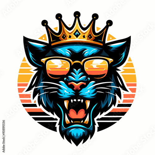 Blue Panther King with Crown Vector Illustration - Fierce Animal Mascot Logo Design , Royal Panther with Crown Graphic - Aggressive Blue Cat Emblem for Sports and Esports