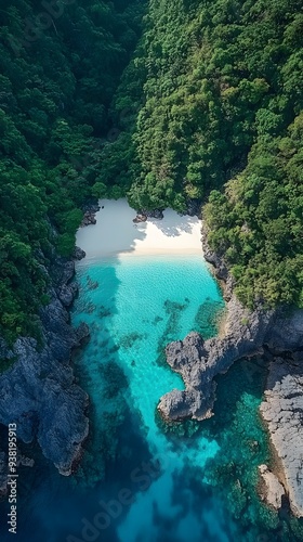 Aerial view of a beautiful beach, depicted in a simplistic and peaceful manner. The serene landscape features clear water and sandy shores