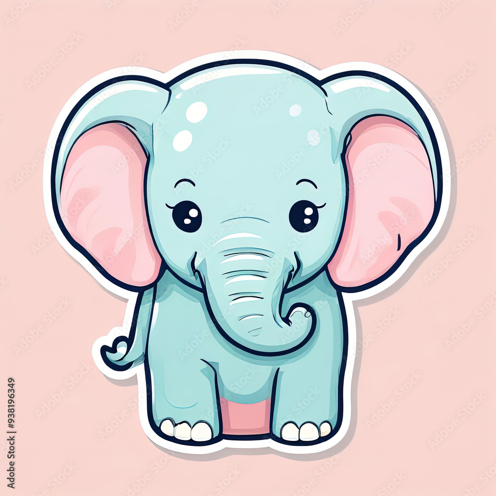 Cute cartoon baby elephant sticker with pink ears and blue body. Cute cartoon baby elephant sticker with pink ears and blue body.
