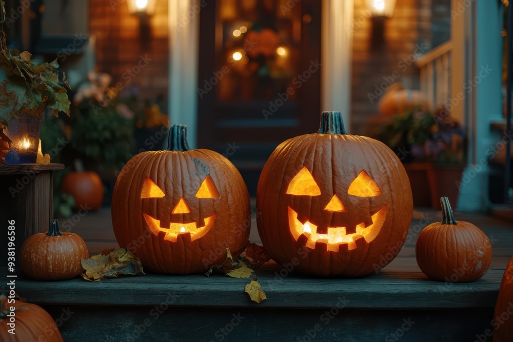 Obraz premium Halloween pumpkins on a fuzzy background of an American porch with glowing faces