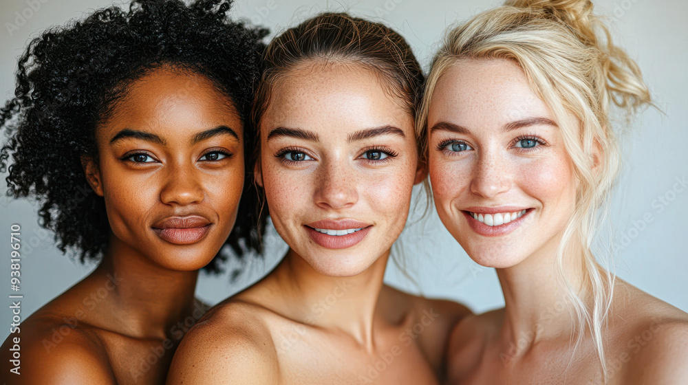 Three women with different hair colors and skin tones are smiling for the camera Three women with different hair colors and skin tones are smiling for the camera