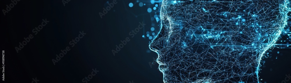 Naklejka premium Futuristic digital face composed of glowing lines and particles on a dark background, representing technology and innovation.