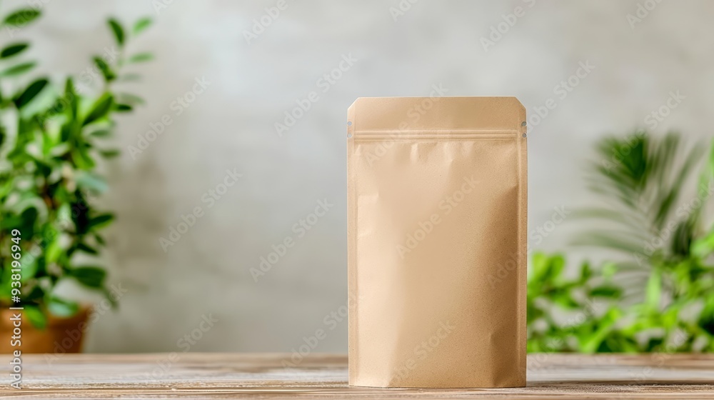 Brown paper pouch standing on a rustic table, cozy natural light ambiance, subtle green plants in the background Brown paper pouch standing on a rustic table, cozy natural light ambiance, subtle green plants in the background