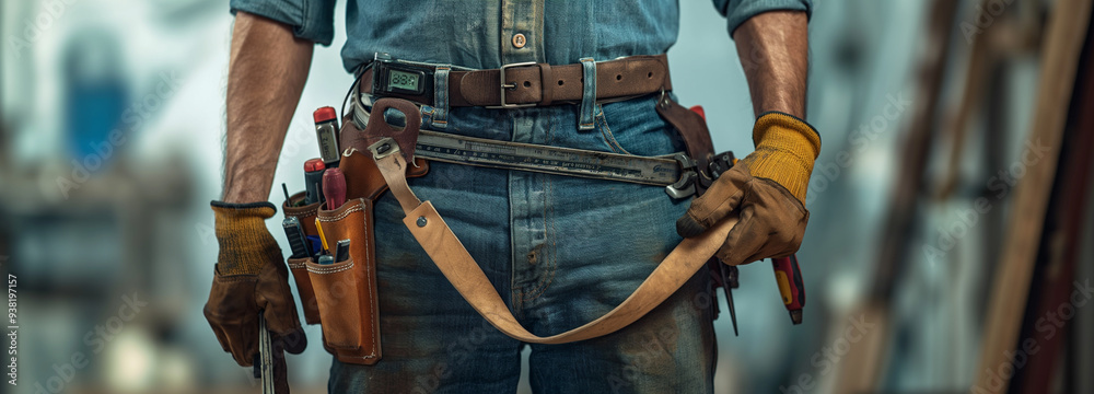 A male worker stands slightly sideways, with tools hanging on his waist A male worker stands slightly sideways, with tools hanging on his waist