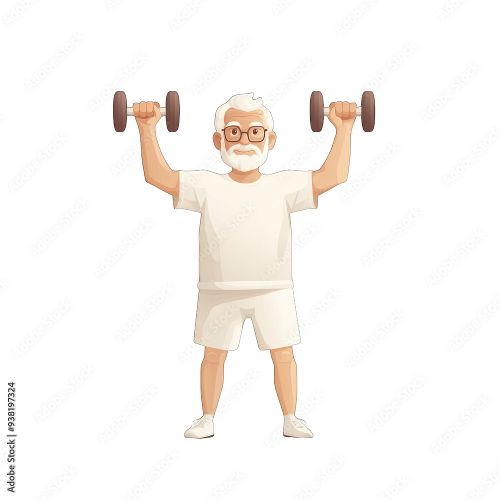 An elderly man joyfully lifting dumbbells, showcasing fitness and vitality in a bright and cheerful illustration. transparent background An elderly man joyfully lifting dumbbells, showcasing fitness and vitality in a bright and cheerful illustration. transparent background