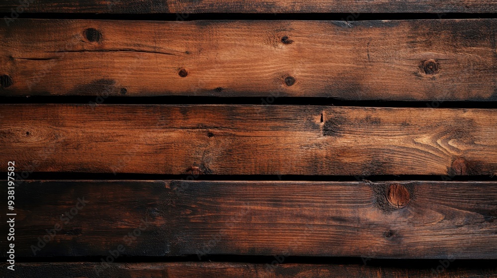 Naklejka premium Richly textured wooden planks featuring deep brown hues, ideal for rustic designs and natural aesthetics.