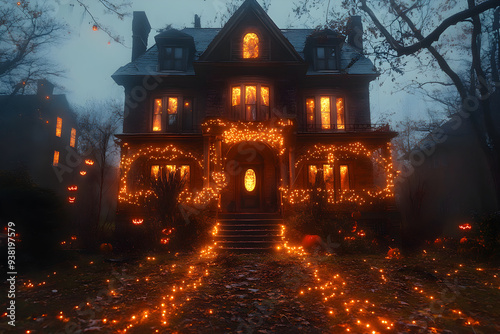 Spooky Halloween Home, a haunted house adorned with vibrant Halloween lights, creates an eerie yet festive atmosphere, inviting thrill-seekers to explore its ghostly charm.