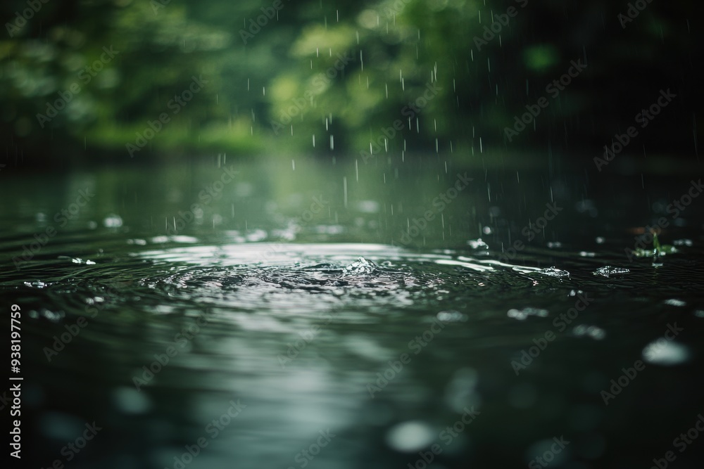 Tranquil raindrops rippling on serene pond Tranquil raindrops rippling on serene pond