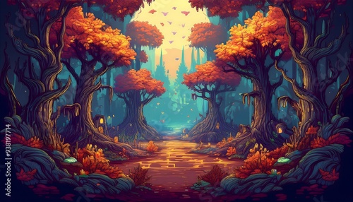 Creepy Autumn Woods - An 8-bit pixel art scene of a spooky autumn forest. Graphic art illustration. Game design wallpaper