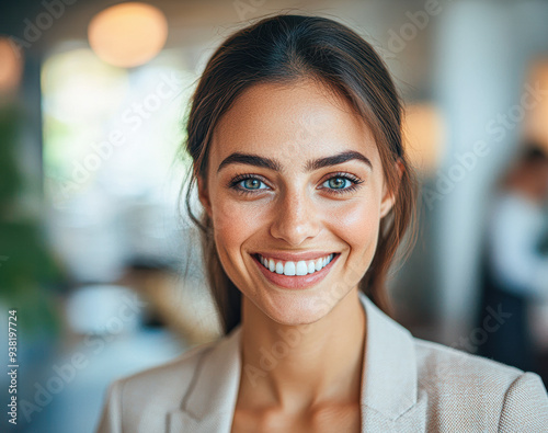 A woman with a smile on her face is wearing a suit