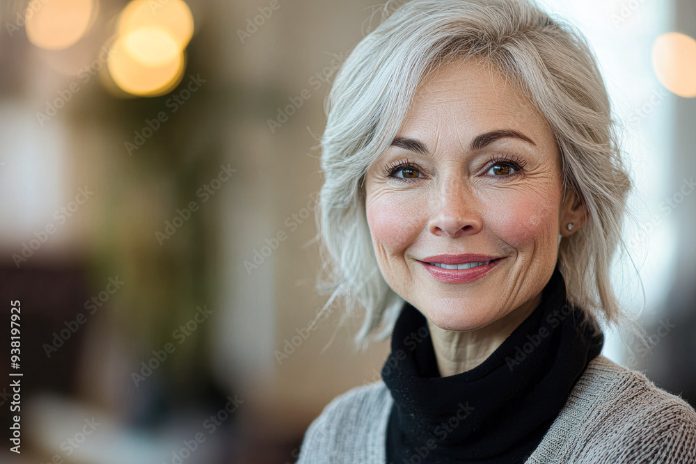 A woman with gray hair is smiling and wearing a black scarf A woman with gray hair is smiling and wearing a black scarf