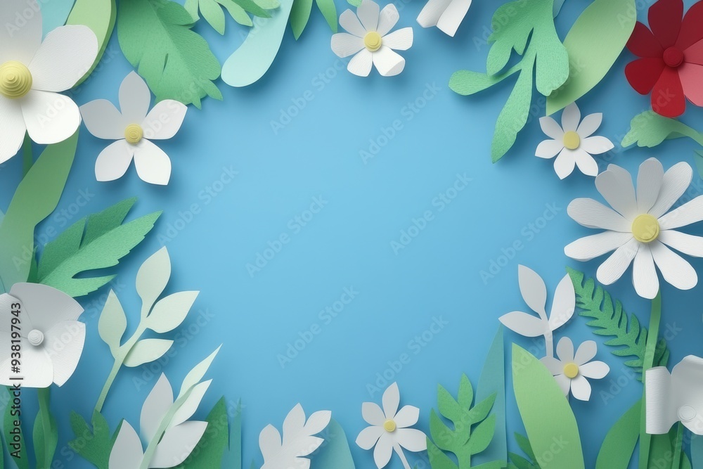 Colorful paper craft flowers leaves frame on blue background Colorful paper craft flowers leaves frame on blue background