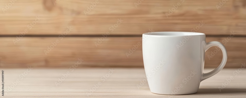 Unbranded white coffee cup on a light wood table, soft daylight illumination, serene and uncluttered atmosphere Unbranded white coffee cup on a light wood table, soft daylight illumination, serene and uncluttered atmosphere