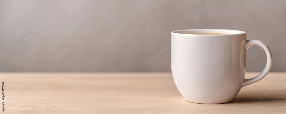 Unbranded white coffee cup on a light wood table, soft daylight illumination, serene and uncluttered atmosphere Unbranded white coffee cup on a light wood table, soft daylight illumination, serene and uncluttered atmosphere
