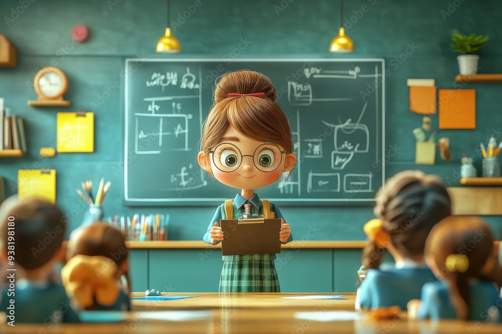 A cute cartoon teacher with glasses holds a clipboard in a classroom setting, engaging with students in an educational environment. A cute cartoon teacher with glasses holds a clipboard in a classroom setting, engaging with students in an educational environment.