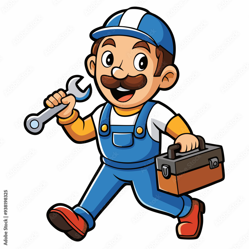 Cheerful Cartoon Plumber with Wrench and Toolbox in Vibrant, Detailed Design Cheerful Cartoon Plumber with Wrench and Toolbox in Vibrant, Detailed Design