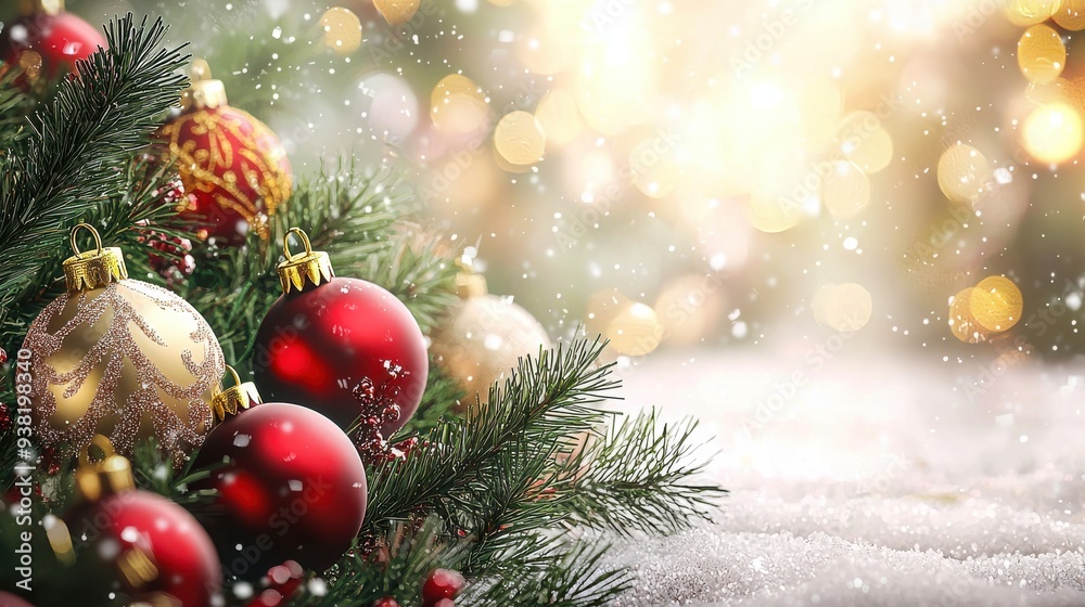 Fototapeta premium A realistic Christmas greeting card template with a festive background of pine branches, red and gold ornaments, and snow. The central area allows for personalized text in elegant cursive