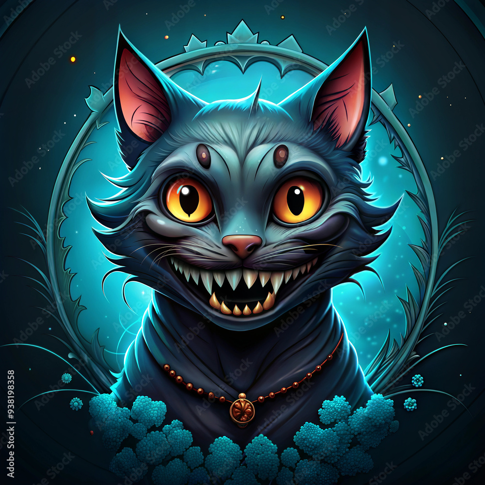 Fototapeta Illustration of a stylish evil black cat celebrating Halloween and Samhain in bright glowing colors in festive mood on a dark background