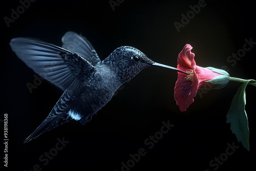 Bee Hummingbird Sucking Nectar from Flower, on Black Background, Realistic Photo, Standard Background, Wallpaper, Cover and Screen of Smartphone, Cell Phone, Computer, Laptop, 9:16 and 16:9 Format photo