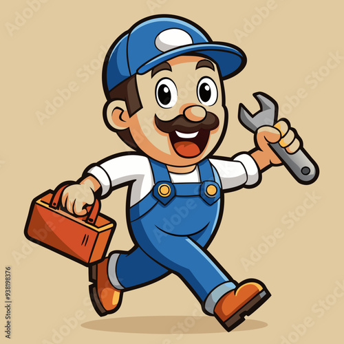 Cheerful Cartoon Plumber with Wrench and Toolbox in Vibrant, Detailed Design
