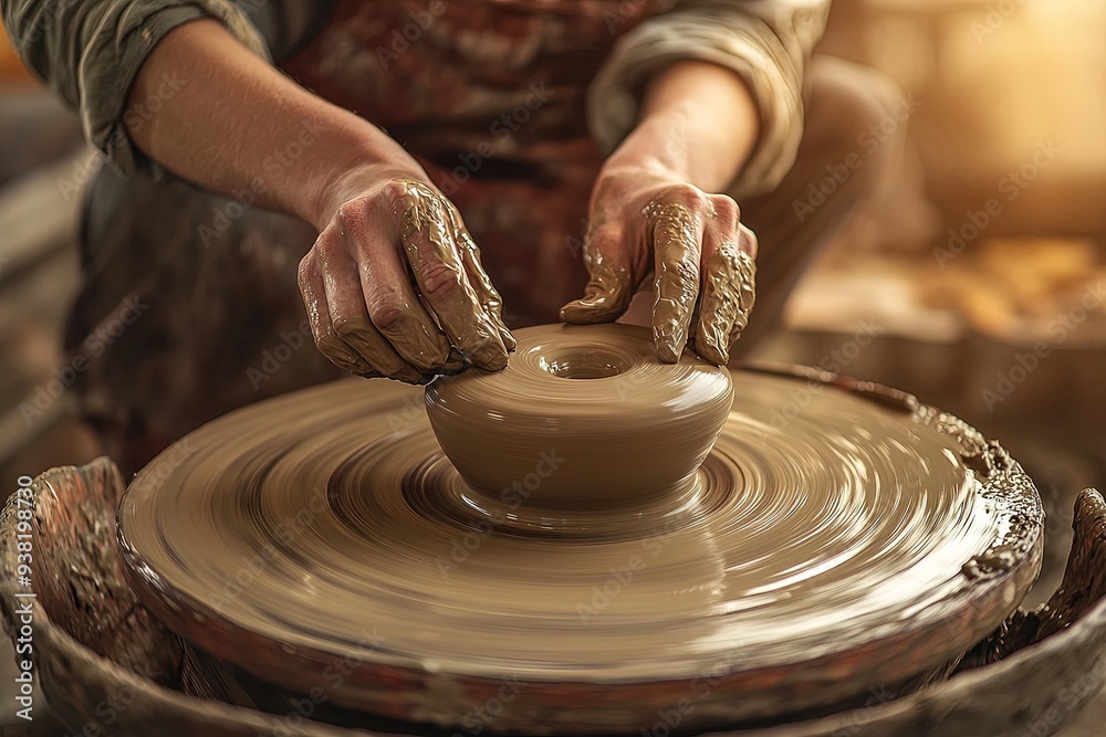 Close-up detailed image of a ceramic artist's hands shaping clay on a pottery wheel, the spinning motion blurring slightly while the wet clay takes form, with a rustic studio background softly out of Close-up detailed image of a ceramic artist's hands shaping clay on a pottery wheel, the spinning motion blurring slightly while the wet clay takes form, with a rustic studio background softly out of