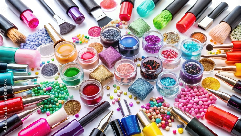 Colorful array of nail polish bottles, brushes, stickers, and rhinestones scattered on a white background, ready for creative nail art designs and beauty projects. Colorful array of nail polish bottles, brushes, stickers, and rhinestones scattered on a white background, ready for creative nail art designs and beauty projects.