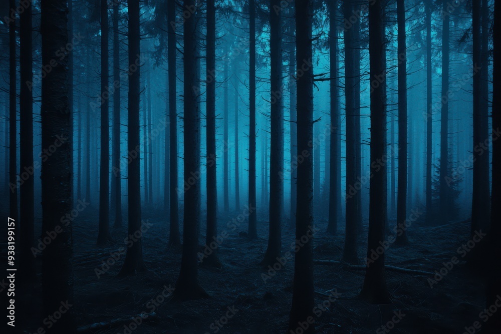 Spooky Forest with Tall Trees in Blue Tones Spooky Forest with Tall Trees in Blue Tones
