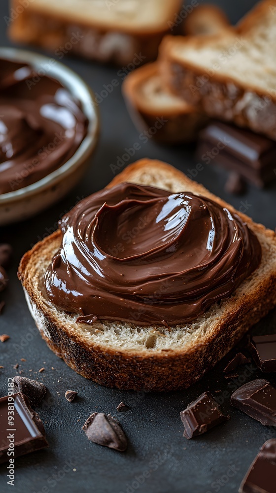 A high-resolution photo of chocolate cream spread on a slice of bread, set against a kitchen background. A high-resolution photo of chocolate cream spread on a slice of bread, set against a kitchen background.