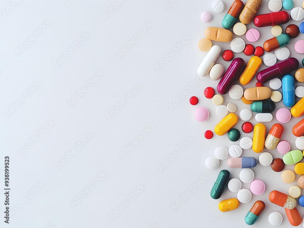 A close-up of colorful pills and capsules against a white background, presenting an abstract medical concept.