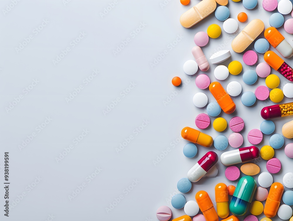 A close-up of colorful pills and capsules against a white background, presenting an abstract medical concept. A close-up of colorful pills and capsules against a white background, presenting an abstract medical concept.