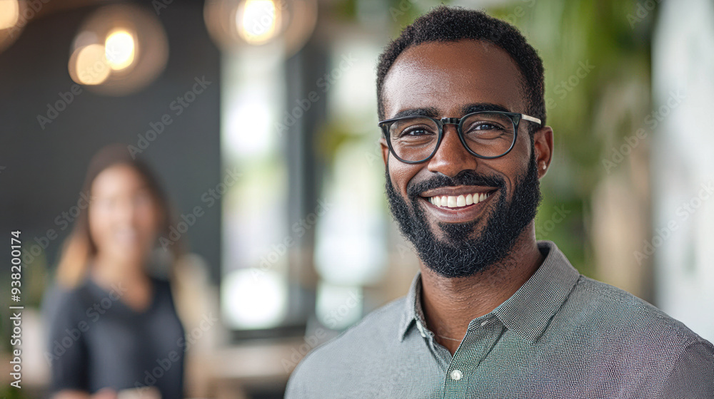 Fototapeta premium A man with glasses is smiling and looking at the camera