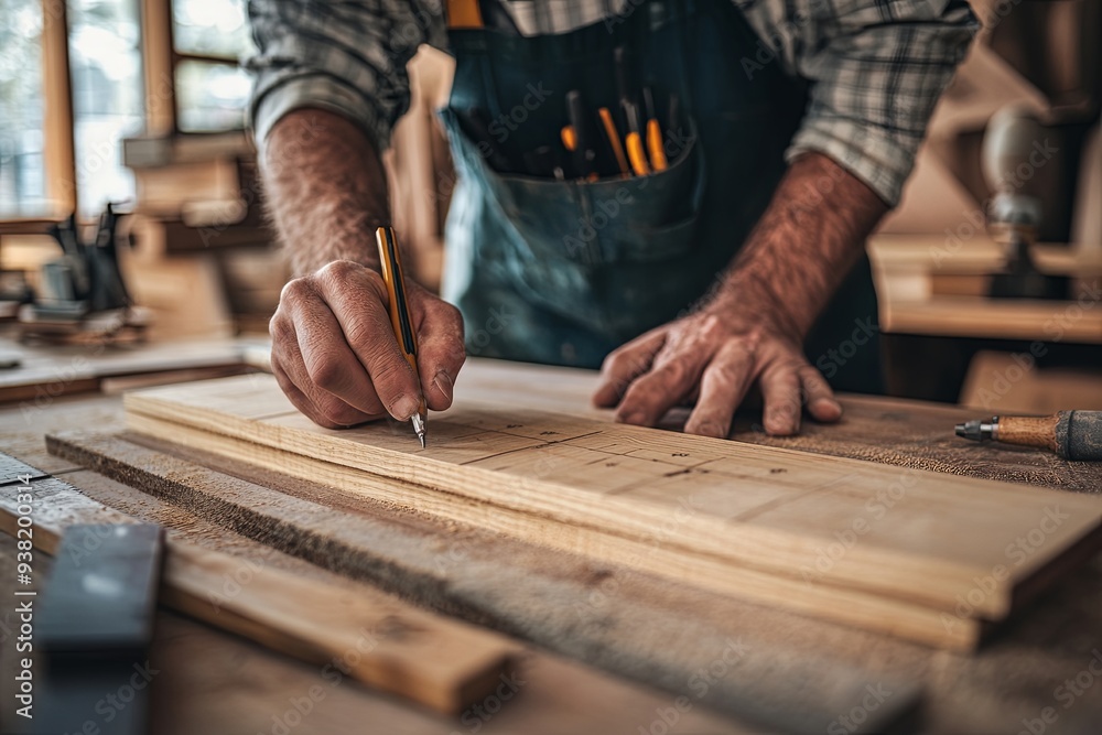 Close-up detailed image of a carpenter carefully aligning wooden planks with a ruler and pencil, the wood grain and markings in sharp focus, surrounded by woodworking tools in a softly lit workshop Close-up detailed image of a carpenter carefully aligning wooden planks with a ruler and pencil, the wood grain and markings in sharp focus, surrounded by woodworking tools in a softly lit workshop