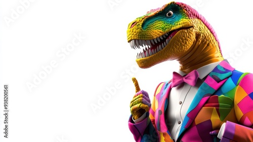 A colorful dinosaur is wearing a suit and tie and pointing to the camera