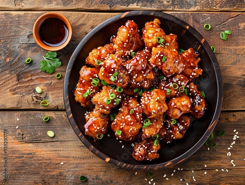 Sesame Chicken. The most popular Chinese dishes. Breaded and deep-fried chicken pieces coated in a sweet sauce and sprinkled with sesame seeds.
