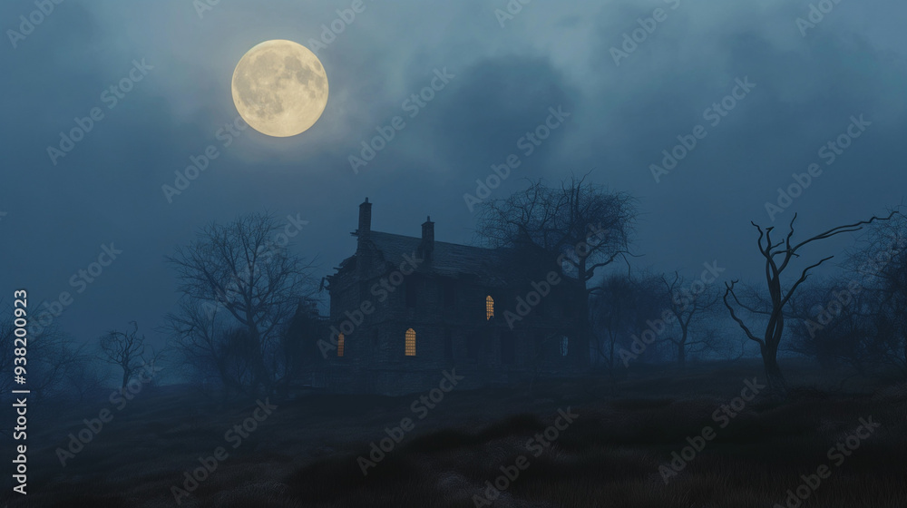 Halloween Landscape with Full Moon Illuminating Abandoned House and Bare Trees in Misty, Haunting Atmosphere Halloween Landscape with Full Moon Illuminating Abandoned House and Bare Trees in Misty, Haunting Atmosphere