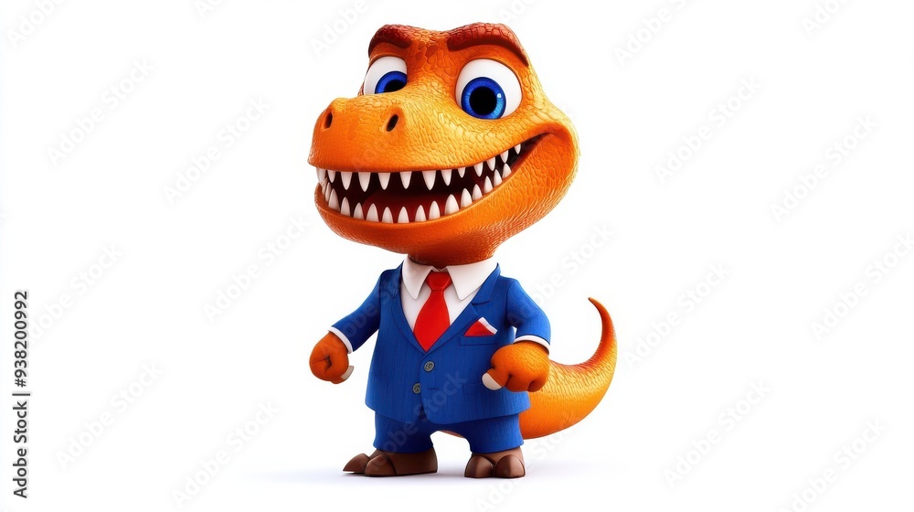Naklejka premium A cartoon dinosaur wearing a suit and tie is smiling and has a big grin