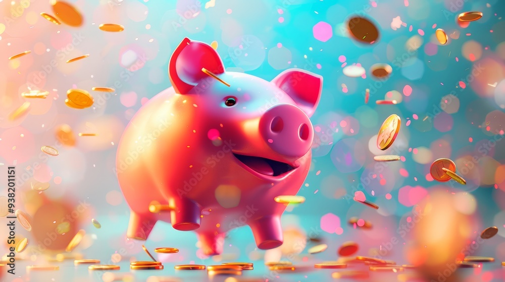 A cheerful pink piggy bank surrounded by falling coins, symbolizing wealth and prosperity. A cheerful pink piggy bank surrounded by falling coins, symbolizing wealth and prosperity.