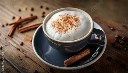 Freshly Brewed Cappuccino with Frothy Milk and Cinnamon Sprinkle on a Rustic Wooden Surface