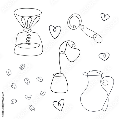 Set of  Continue line of barista pouring milk to coffee. Line art drawing of staff coffee vector illustration. Minimalist

