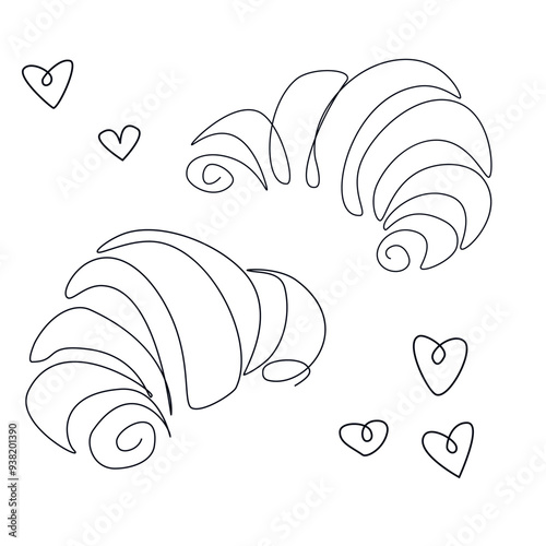 Vector desserts set. French croissant one line continuous drawing. Hand drawn linear icon. Outline design, print, banner, card, wall art poster, brochure, menu, product logo.

