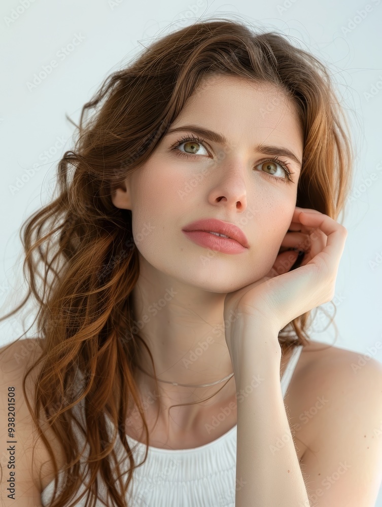 Obraz premium A youthful dreamer looks off into the distance, her emerald eyes gleaming with possibilities. The wind teases her brown hair, adding a carefree element to her daydream.