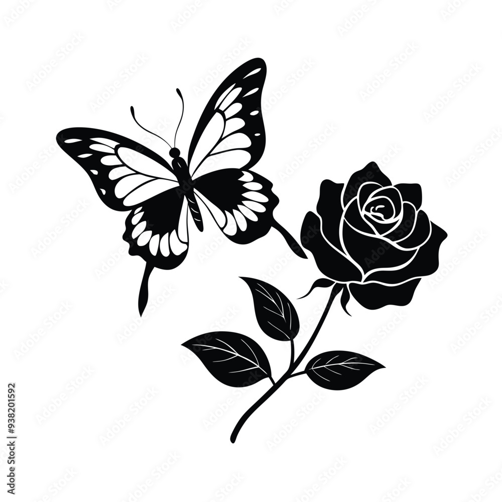 Fototapeta premium A butterfly flies on a rose flower silhouette vector illustration 