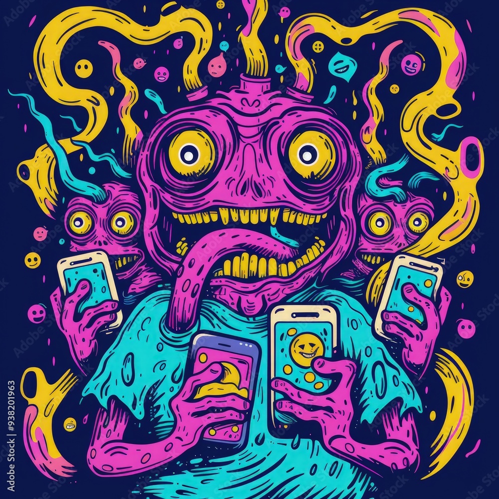 hand drawn monster illustration for full print t-shirt design, outline style, hyper maximalism, heavy composition. hand drawn monster illustration for full print t-shirt design, outline style, hyper maximalism, heavy composition.