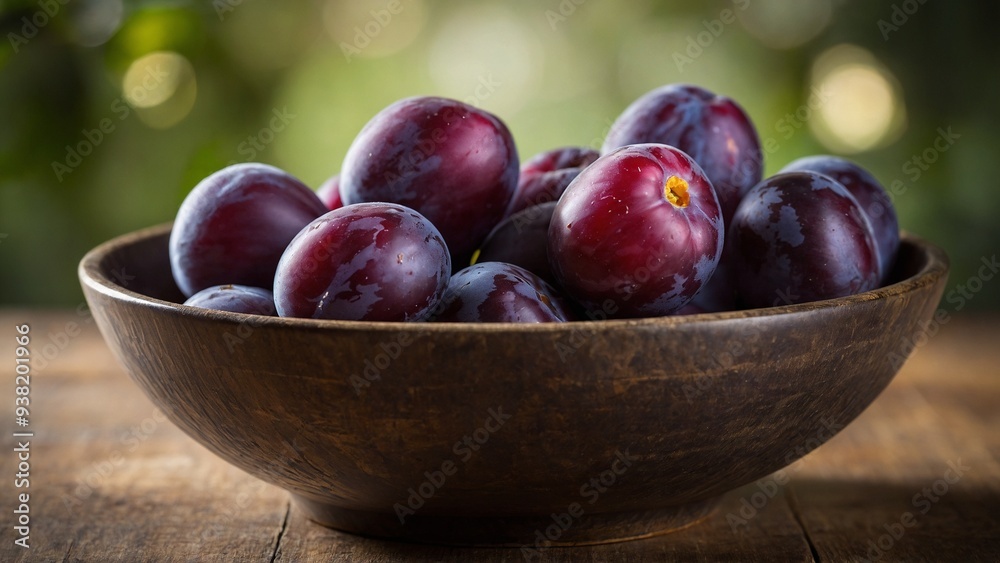 Purple plums in a bowl with blurred bokeh lights background