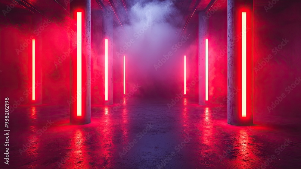 This is a retro-futuristic sci-fi hangar garage scene with neon lights, neon lasers, a glowing tunnel corridor with columns, and a concrete floor with metal columns in the background. This is a retro-futuristic sci-fi hangar garage scene with neon lights, neon lasers, a glowing tunnel corridor with columns, and a concrete floor with metal columns in the background.